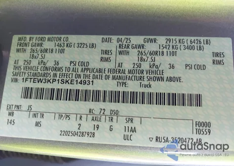 2025 Ford F-150 Xlt from USA, damaged, VIN 1FTEW3KP1SKE14931